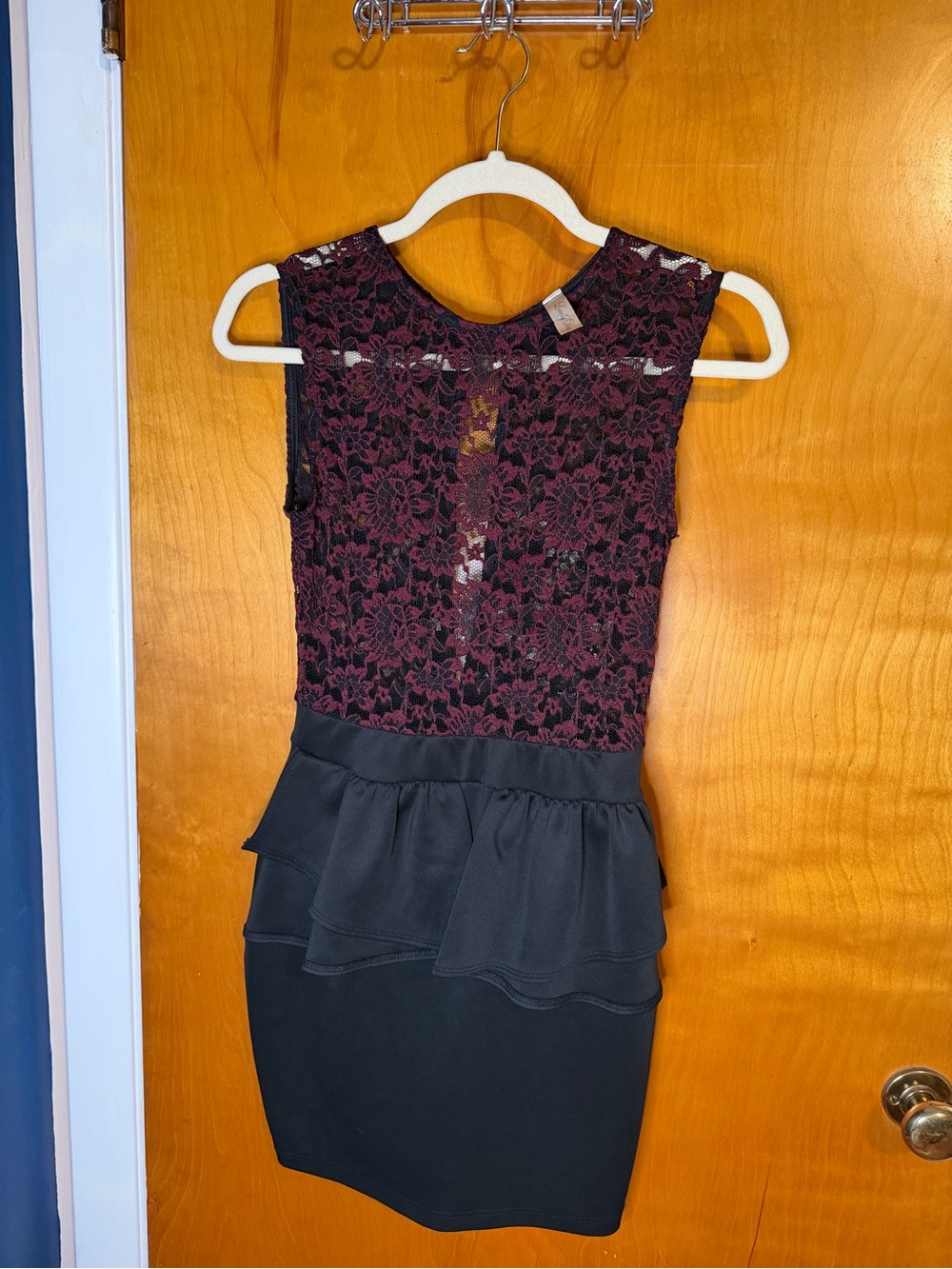 Lovely Day Black and Burgundy Lace Peplum Dress
